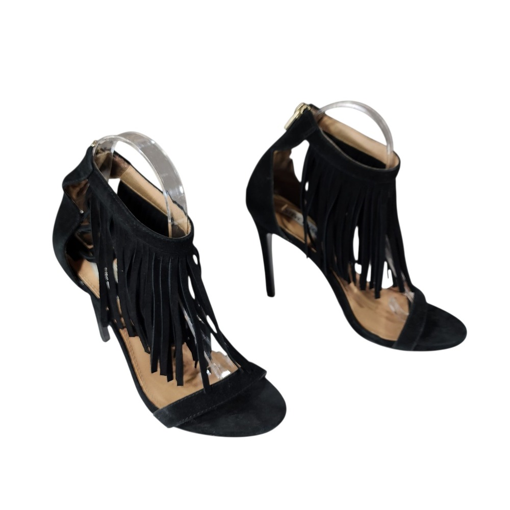 Steve Madden Fringe Stiletto Heel 7.5M Women Staarz‎ Black Suede Ankle Strap Zip